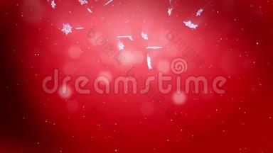 闪亮的3d雪花在红色<strong>背景</strong>下在夜间缓慢地漂浮在空气中。 用作圣诞、<strong>新年贺卡</strong>